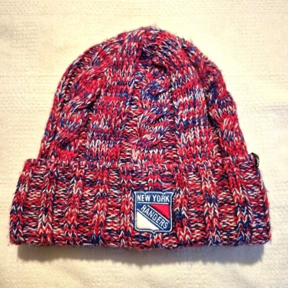 New York Rangers women's one size cable knit red, blue & white beanie, VGUC - Picture 1 of 3